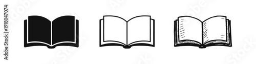 Open Book Icons Set. Simple, Outline, and Hand-Drawn Styles for Education, Reading, and Knowledge Symbol.