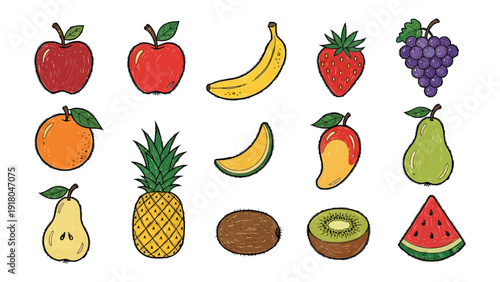 Fresh Harvest: A vibrant array of hand-drawn fruit icons, bursting with color and freshness, creating a visually appealing arrangement. 