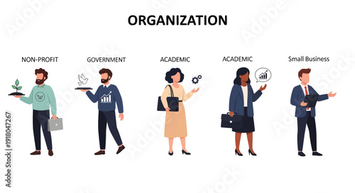 Diverse professionals in various organizational settings with modern illustrations