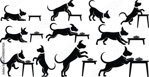 Black Dog Silhouette Set Featuring Naughty Canine Begging For Food Jumping On Table And Stealing Snacks Representing Pet Behavior Training And Nutrition