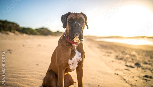 A focused boxer dog sitting calmly on a sandy beach with sunlit water in the background