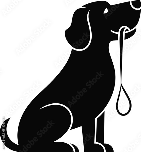 Black Silhouette Of A Loyal Dog Sitting And Holding Its Own Leash In Mouth Representing Pet Care Canine Training Responsibility Animal Walking