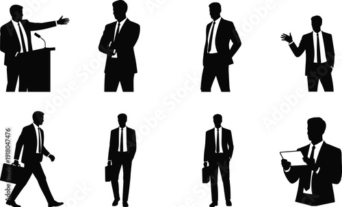 Business Professional Silhouette Set Featuring Male Speaker At Podium Executive With Briefcase Standing Manager And Successful Entrepreneur For Corporate Presentations And Marketing