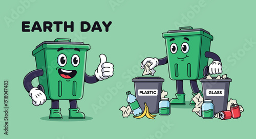 Cartoon Trash Cans Recycling Waste Properly.