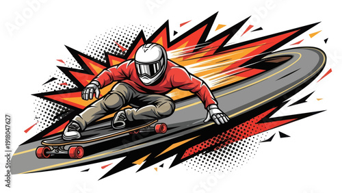 Skateboarder speeding down asphalt road in vector illustration