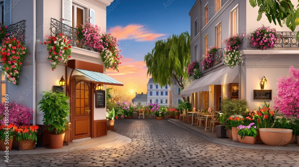 Obraz premium Charming European Street Scene with Flower-Covered Balconies and Sunset Sky in a Quaint Neighborhood