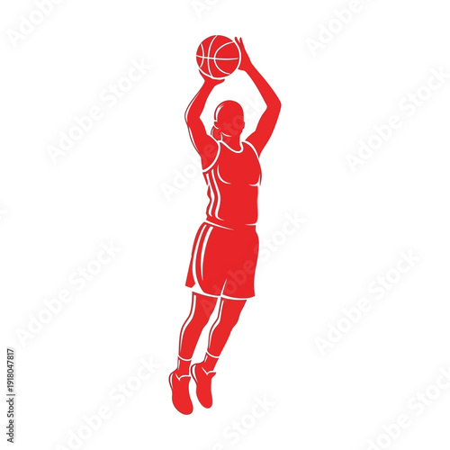 Professional basketball player jumping to score with red silhouette
