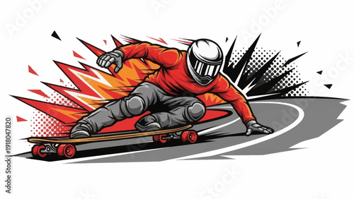 Skateboarder racing down a track with speed lines and a dynamic graphic