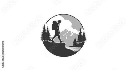 Grayscale outdoor adventure illustration of a hiker exploring a mountainous landscape with pine trees and a lake.