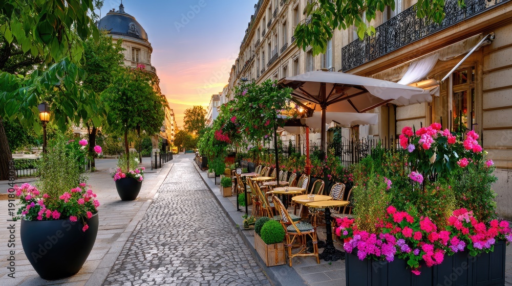 Fototapeta premium Charming Parisian Street at Sunset with Colorful Flowers, Outdoor Cafes, and Cobblestone Pathways Creating a Picturesque Atmosphere