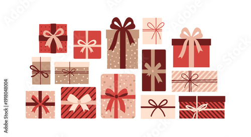 Collection of assorted gift boxes with ribbons and bows in festive colors