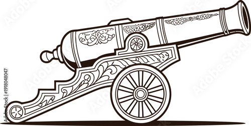 Antique cannon vector illustration with ornate floral engravings, decorative carriage, spoked wheels, and historical ceremonial artistry.