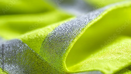 A close-up view of a vibrant neon green fabric with a metallic silver stripe