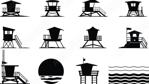 Lifeguard Tower Silhouette Set Featuring Coastal Beach Security Stations Ocean Waves And Sunset Icons For Summer Vacation Travel Safety Tourism And Branding