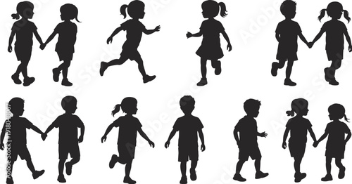 Children silhouettes playing together, happy kids running walking holding hands, childhood friendship concept, isolated black figures on white background