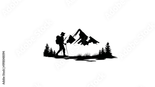 Detailed black silhouette of a mountain hiker with backpack and walking pole amidst forest and peaks. Outdoor adventure concept.