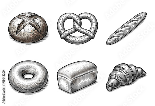 Set of assorted bakery products and bread types in vintage woodcut engraving style