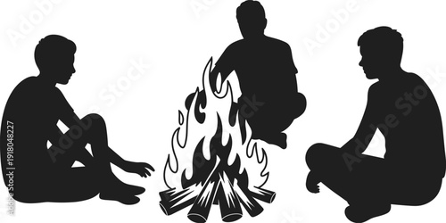 Silhouette of boys sitting around campfire, childhood friendship, outdoor storytelling, adventure bonding, night camping illustration, simple black white vector art