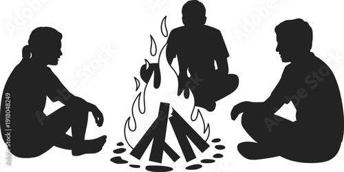 Silhouette friends sitting around campfire night camping scene, people bonding outdoors, storytelling, adventure, teamwork, vector illustration, minimalism, flat, icon, design