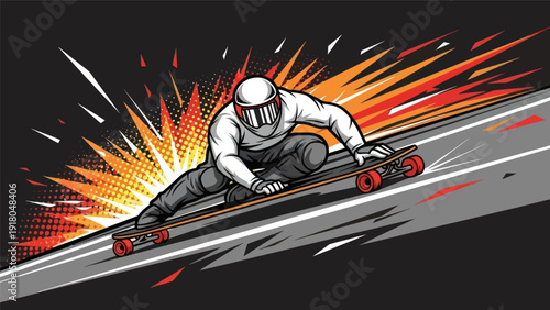 Skateboarder speeding down asphalt road vector illustration design