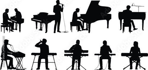 Musician Silhouette Set Featuring Pianists Playing Grand Pianos And Keyboard Performers Singing For Live Music Concerts Entertainment Events Jazz Clubs And Creative Branding