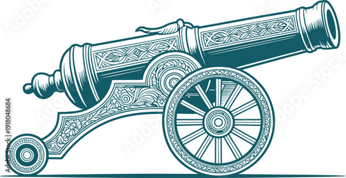 Ornate antique cannon vector illustration with decorative floral patterns, ceremonial design, and historical artistry on wheeled carriage.