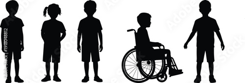 Inclusive children silhouettes, diversity representation, wheelchair accessibility, disability awareness, equality 