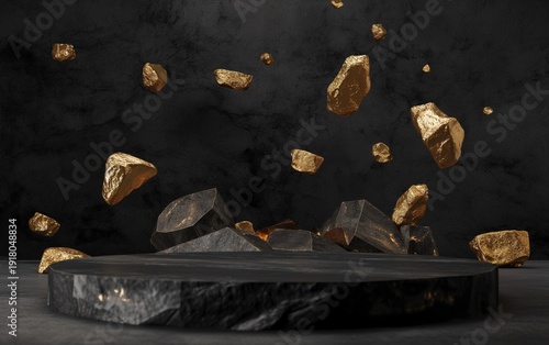 A black rock podium stands in a dark setting. Around the podium, golden rocks float, creating a striking contrast with the black surface. The rocks vary in size and shape, adding interest to the scene