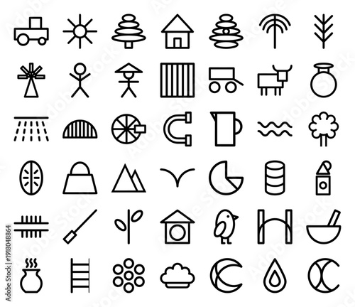 Agriculture and rural life line icon set. Vector pictograms of tractor, farmhouse, windmill, livestock, crops, tools, and nature, black thick outline illustration.