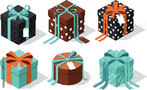 Collection of eight isometric gift boxes with ribbons and tags, isolated on white background
