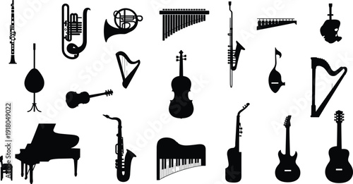 Silhouettes of musical instruments, piano, guitar, violin, saxophone, harp, flute, clarinet, percussion, orchestra, symphony, jazz, classical, music collection, 