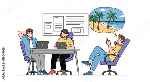 Remote team members daydreaming of tropical getaway during work