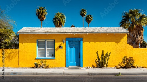Vibrant Yellow House with Bright Blue Door and Desert Landscape.