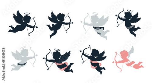 Collection of cupid silhouettes with bows and arrows, symbolizing love and romance