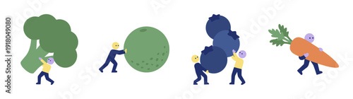 Flat Vector Tiny People Carrying Giant Produce Character Asset Sheet for Healthy Lifestyle and Nutrition Content