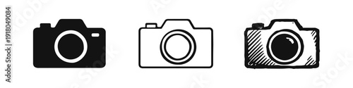 Camera Icons Set. Photo Camera in Solid, Outline, and Hand-Drawn Styles for Photography and Media.