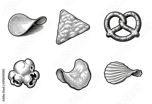 Vintage woodcut style collection of salty snack foods including potato chips, pretzels, tortilla chips, and popcorn