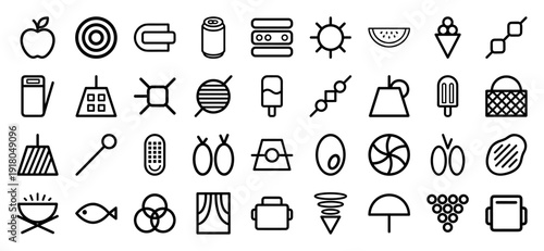 Summer and lifestyle line icon set featuring vector pictograms of fruit, snacks, drinks, outdoor activities, and travel essentials, thick outline illustration.