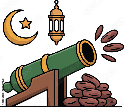 Ramadan cannon vector illustration firing dates with crescent moon, star, and lantern symbolizing Islamic fasting tradition and culture.