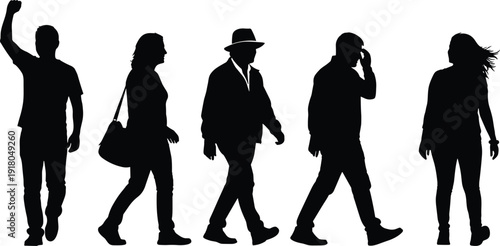 Diverse group of five people walking in silhouette against a white background showcasing different styles and poses