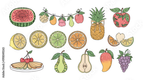 Vibrant Fruit Collection: A delightful assortment of hand-drawn fruit illustrations, each bursting with color and freshness, a visual treat perfect for design projects and culinary concepts.