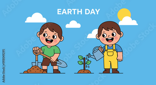 Two Children Planting Trees Together.