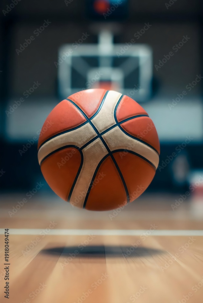 Naklejka premium Basketball soaring through indoor basketball court