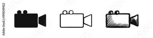 Video Camera Icons Set. Camcorder in Solid, Outline, and Hand-Drawn Styles for Filmmaking and Recording.