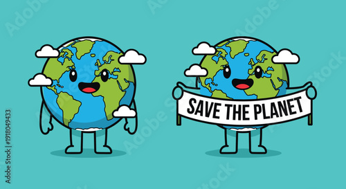 Cartoon Earth Characters Holding Save Planet Sign.