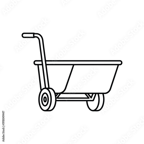 Line drawing of a wheelbarrow with two wheels and a handle