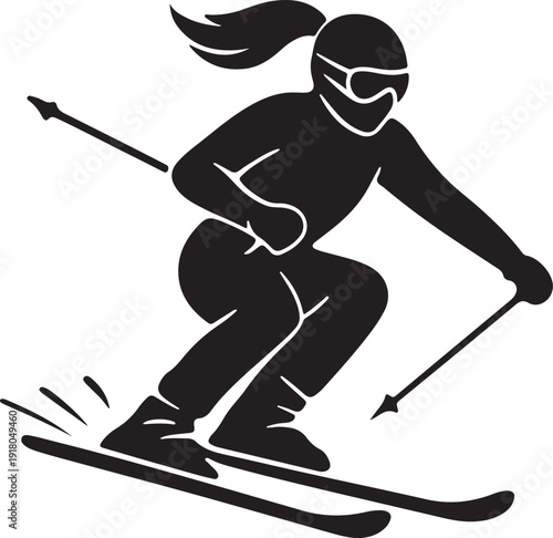 Female alpine skier carving turns, empowering pose.