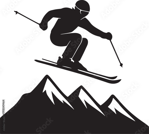 Black silhouette of alpine skier jumping over snowy peaks, dynamic pose, minimalist vector.