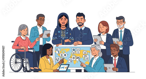 Diverse team collaborating around a world map in modern office setting