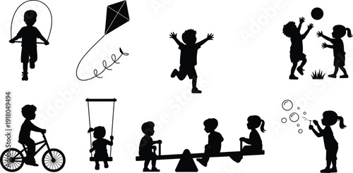 Children silhouettes playing outdoors, jumping rope, flying kite, riding bicycle, blowing bubbles, swinging, seesaw, ball games, joyful childhood recreation